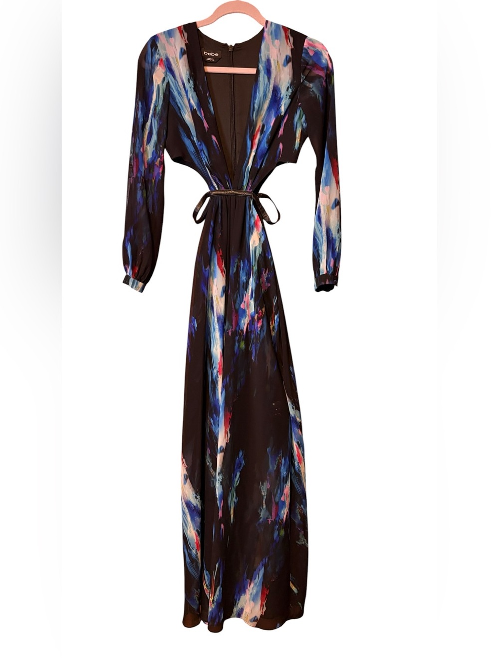 Bebe Abstract Print Cutout Maxi Dress Size 0 Resort Cruise Wedding Guest - Picture 5 of 12